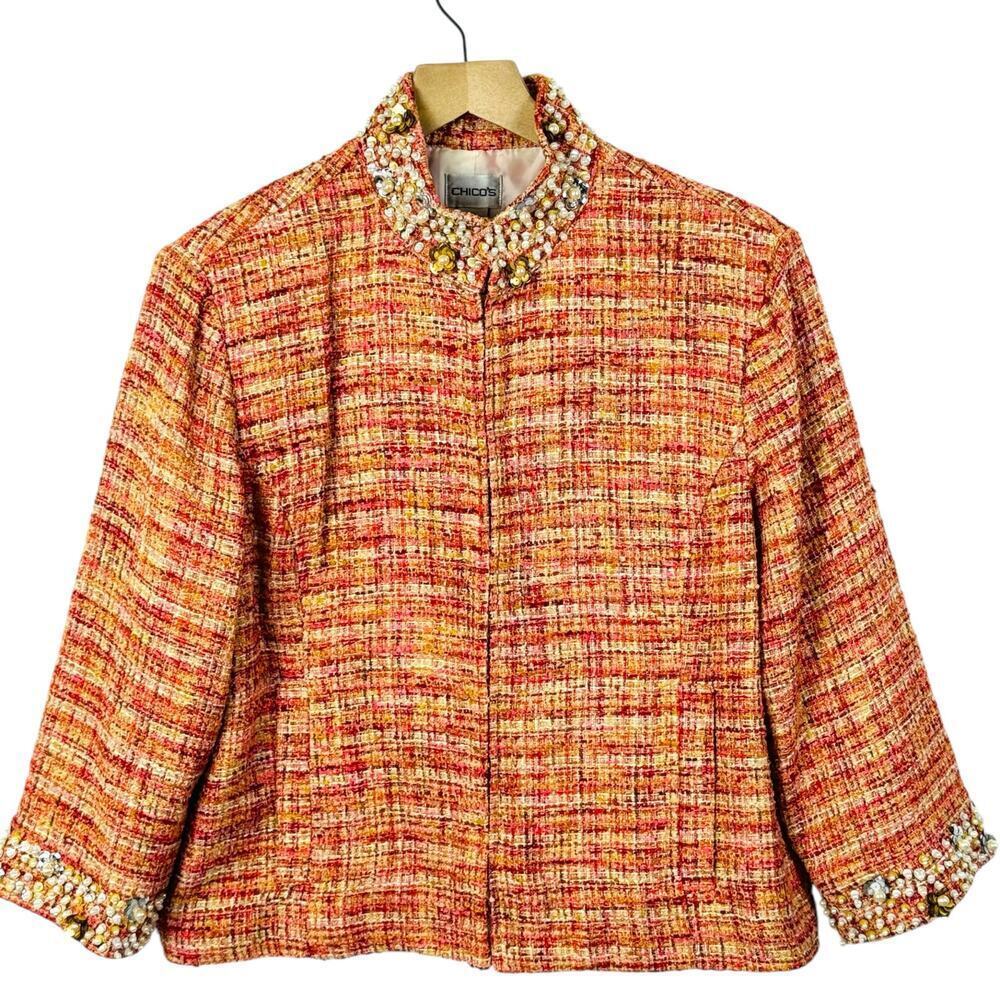 Chico’s Womens Orange Tweed Rhinestone Trim Sophisticated Blazer Jacket 2 | Med - Picture 2 of 13